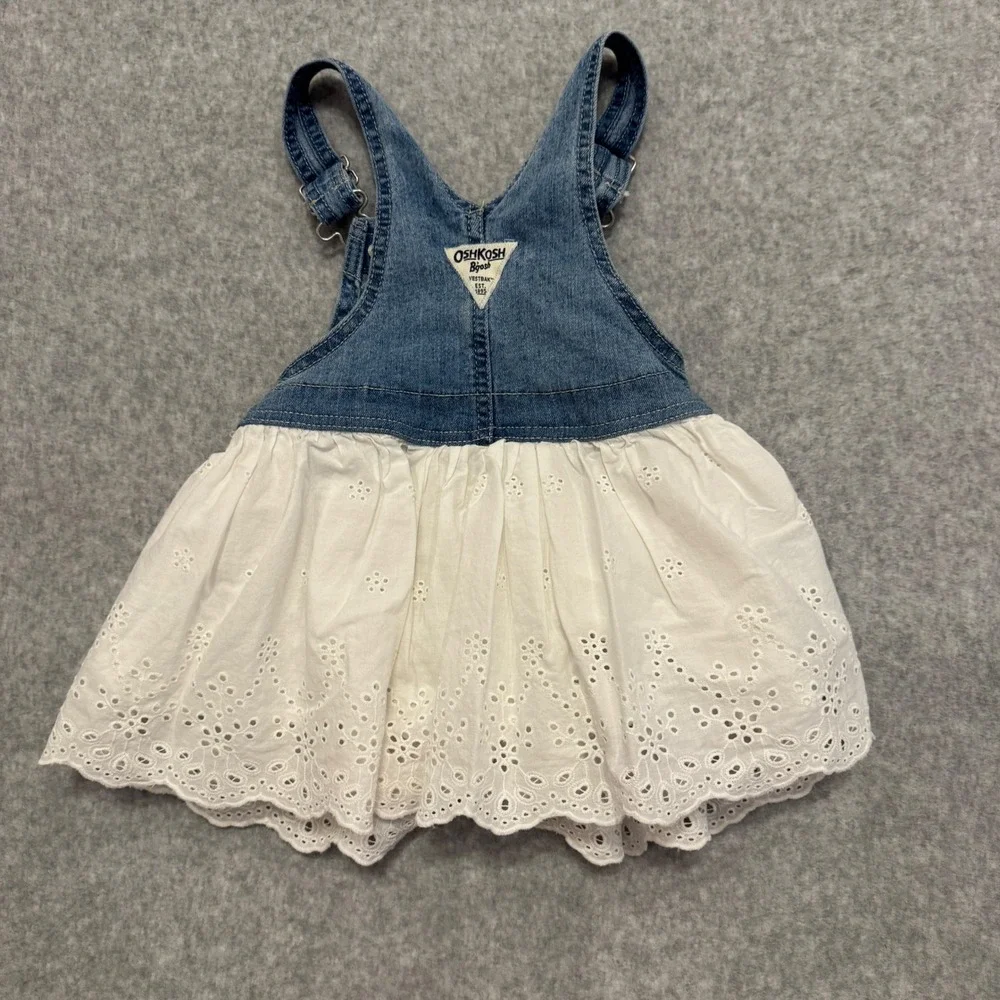 OshKosh B'gosh Toddler Girls 2T Denim Eyelet Lace Overall Jumper Dress White